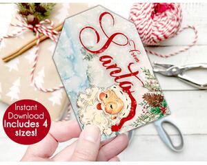 DIY Santa gift tag to make when you buy the digital file and print the tag at home. The tag  has a vintage Santa with a snowy background. 